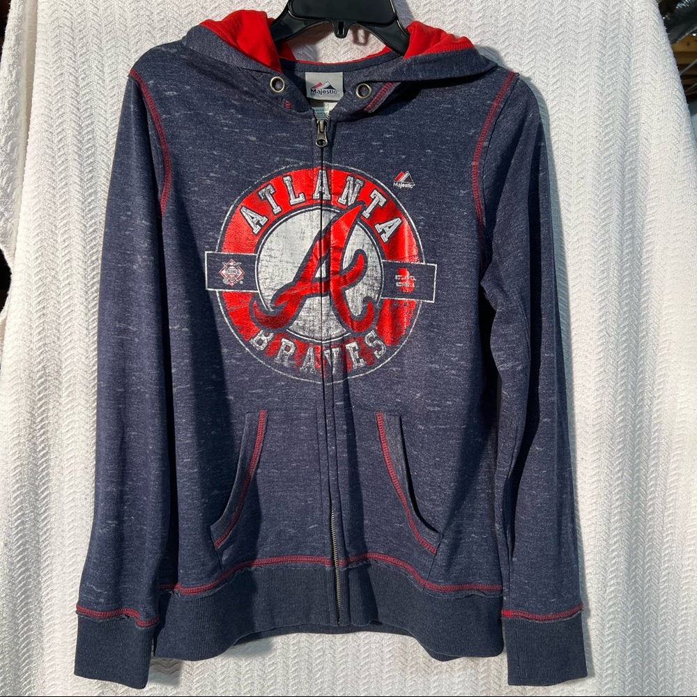 majestic / blue and red long sleeve hooded atlanta braves jacket size medium